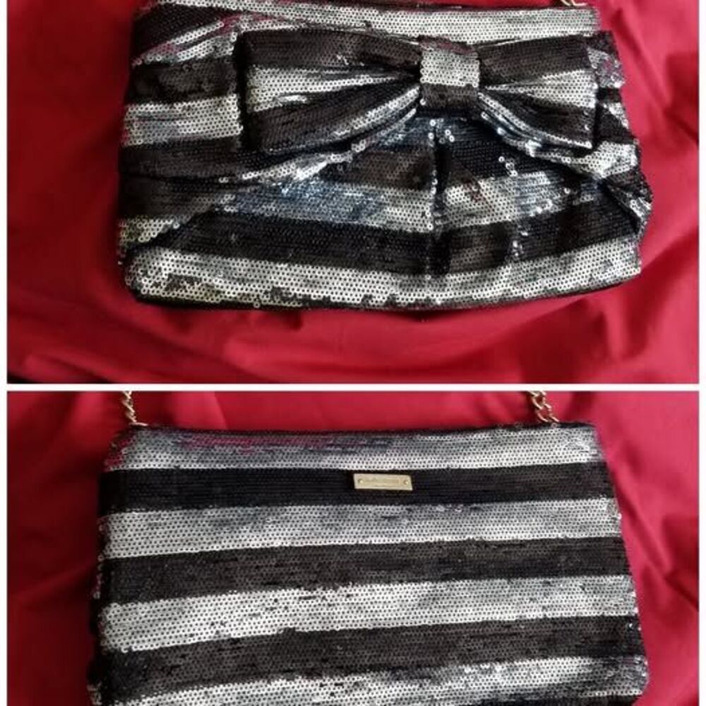 New Kate Spade Night Sky Black Silver Sequin Bow Shoulder Purse gold Chain Strap